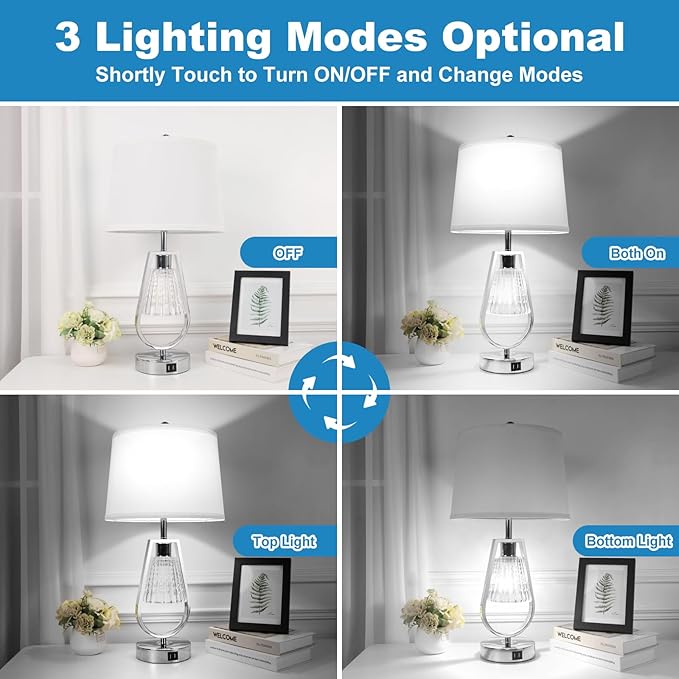 VerRon Table Lamp with Night Light Set of 2, Touch Control Bedside Lamps with 2 USB Ports, Dimmable Nightstand Lamps for Bedroom, Living Room Table Lamps with White Shade & 4 Bulbs, Brushed Nickel