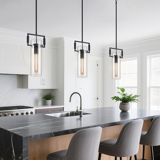 Modern Black Kitchen Island Pendant Lights,Knurled 12'' Glass Island Pendant Light,Farmhouses Pendant Light, for Kitchen,Dining Room,Bathroom,Bulb Included