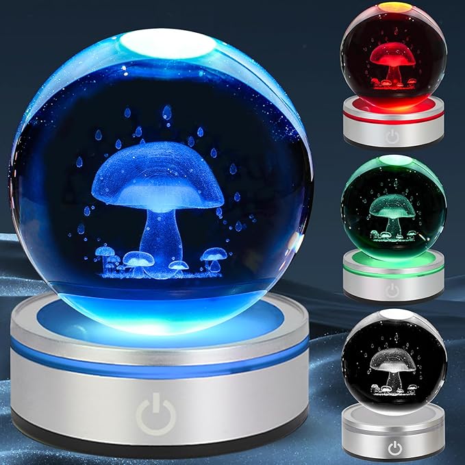 3D Crystal Ball Night Light with LED Colorful Touch Lighting Base - 3.15 In Mushroom Figurine Glass Sphere Lamp for Birthday, Christmas, Cute Home Decor Gifts for Kids, Teens, Women