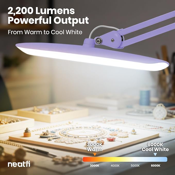 Neatfi XL LED Desk Lamp with Clamp, 2200 Lumens, 20W, 20-Inch Wide Head, Dimmable 4 Brightness Levels, 3 Color Modes 3000K–6000K, Task Light for Home Office, Crafts, Workbench (CCT, Lavender)