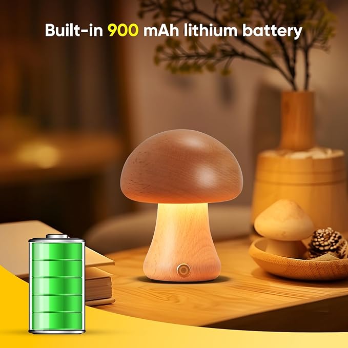 Creative Wood Mushroom Table Lamp, Portable Cordless Small Lamp, Rechargeable Battery Operated Lamp,Stepless Dimming, Night Light for Birthday Gifts, Creative Home Decor Unique House Gift