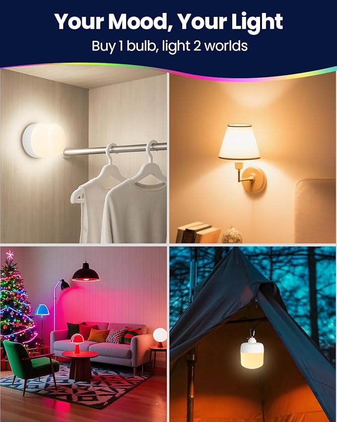 Rechargeable LED Light Bulb: Battery Powered Lights Bulb with Remote, 4000mAh E26 15 Color Modes Dimmable Night Lights with 3 Timer, Detachable Wireless Puck Light Bulb for Lamps/Wall Sconce, 2 Pack