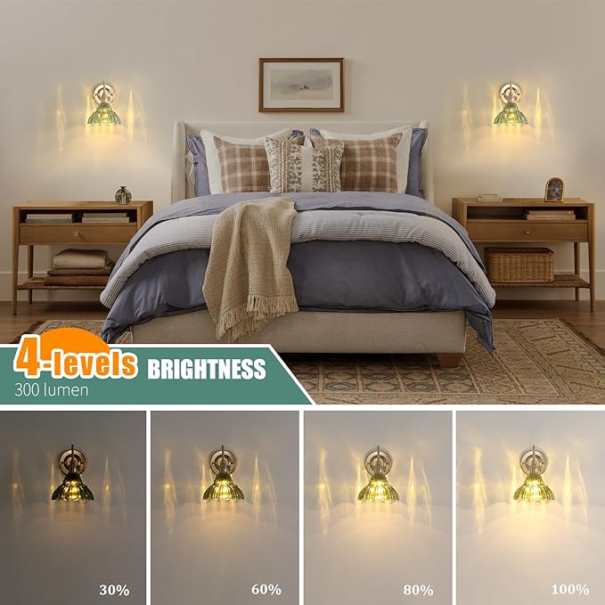Battery Operated Wall Sconce, Vintage Rechargeable Wall Lights with Green Lily Glass Shade, Wireless Indoor Wall Lamp with Remote for Bedroom Living Room Bathroom Hallway