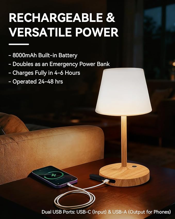 Outdoor Waterproof Shower Lamp, 8000mAh Cordless Rechargeable Table Lamp with Touch Dimming, IP65 Wireless LED Night Light for Patio, Camping, Bathroom, Restaurant & Kitchen