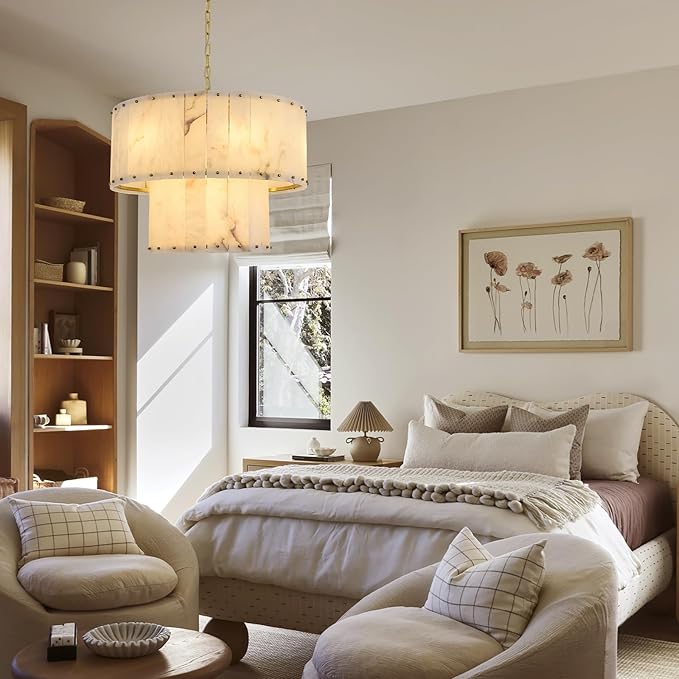 Alabaster Chandelier D24in Spanish Natural Marble Round Chandeliers,2 Tiers Alabaster Pendant Light,Modern Dining Room Chandelier, Dimmable Gold Chandeliers for Bedroom,Foyer,Bathroom,Entryway