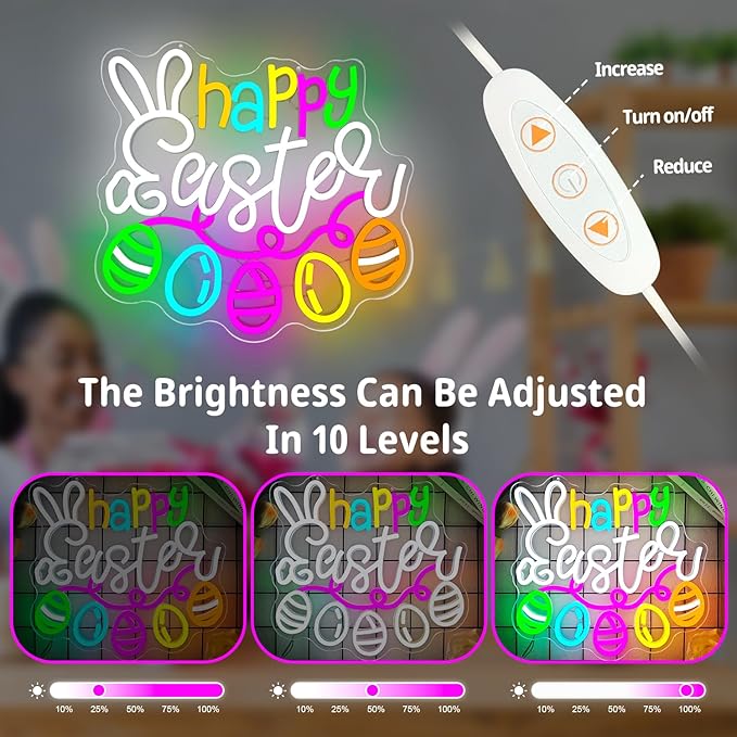 Happy Easter Neon Sign Dimmable Flashing Easter Eggs Led Sign Bunny Shape Spring Neon Light Multicolor Eggs Neon Window Lights for Party Home Decor