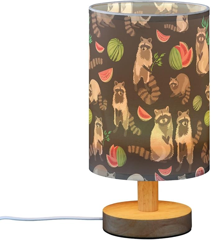 Table Lamp Cute Raccoons Watermelon Pattern Nightstand Lamp with Wood Base Fabric Lamp Shade Bedside Desk Lamp for Living Room Bedroom Kids Room Office