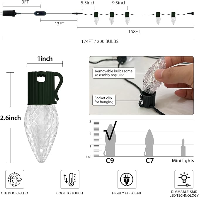 Smart C9 LED Christmas Lights Outdoor, Ultra Long 200 Count 157FT, APP Programmable, 105+ Modes, RGB Color Changing, Music Sync, IP65 Waterproof Connectable for Roofline Patio Xmas Tree Holiday Decor