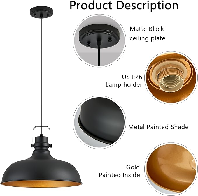 Black Farmhouse Pendant Lights 16 Inch Matte Pendant Lighting for Kitchen Island Industrial Adjustable Height Vintage Dome Hanging Light Fixtures for Barn, Dining Room 1 Pack
