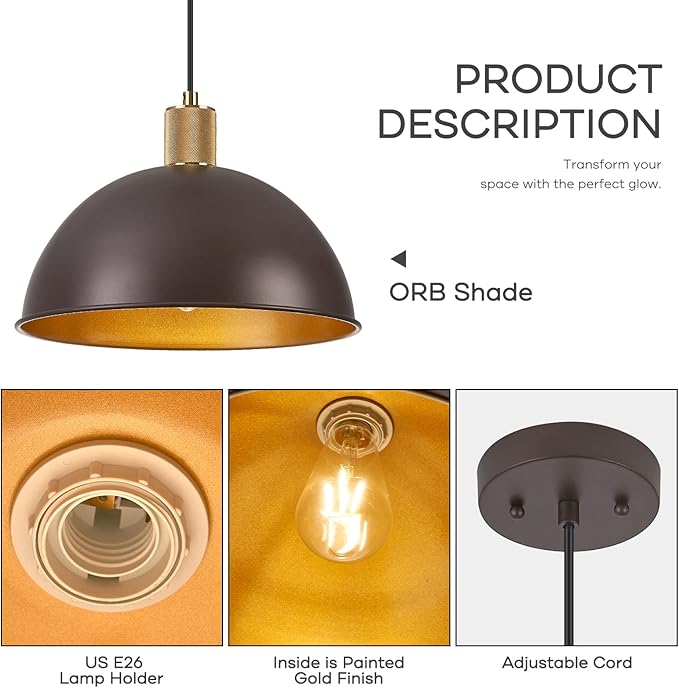 12 Inch Oil Rubbed Bronze Dome Pendant Lights 3 Pack for Kitchen Island, Height Adjustable Farmhouse Industrial Hanging Light Fixtures Over Table for Dining Room, Entryway