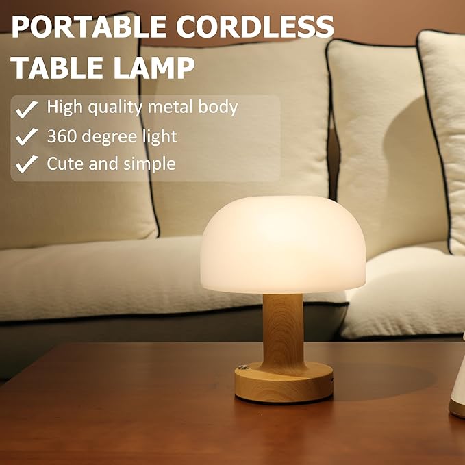Small Mushroom Table Lamp, Cordless Night Light with 2600mAh Rechargeable Battery, Stepless Dimming Desk Lamp with 3 Colors for Bedroom/Patio/Living Room (White-1)