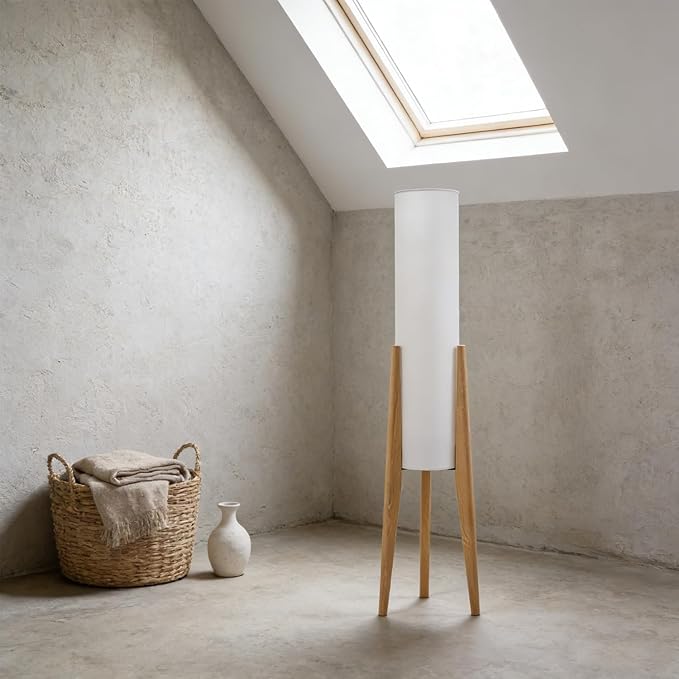 MIXL-Tripod Wooden Tall Floor Lamp,Fabric Drum Shade Corner Standing Lamp,Farmhouse Style Floor Light for Nursery and Study Room