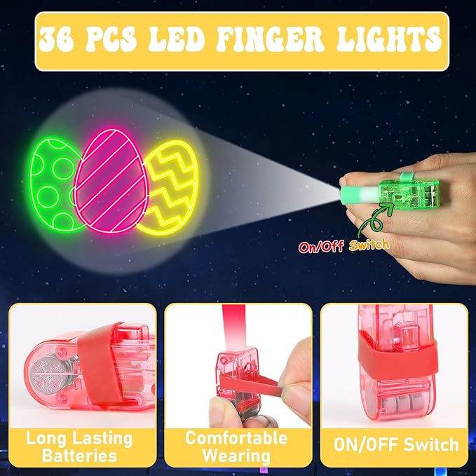 36Pcs Easter LED Finger Lights Bunny Egg Party Favors Glow in the Dark Light Up Finger Lights Themed s Bulk for Birthday Party Goodie Bag Stuffer Birthday Gifts Prize