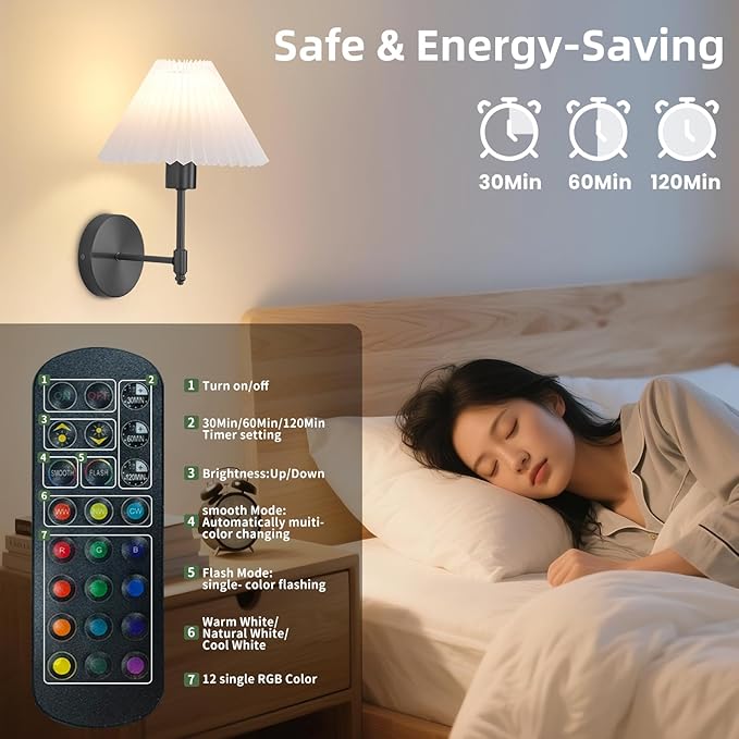 Battery Operated Wall Sconces Set of 2,Black Rechargeable Wall Lights with Remote,Dimmable Wall Lamp with Pleated Shades,15 Colors Wireless Bathroom Vanity Wall Light for Bedroom Living Room Hallway