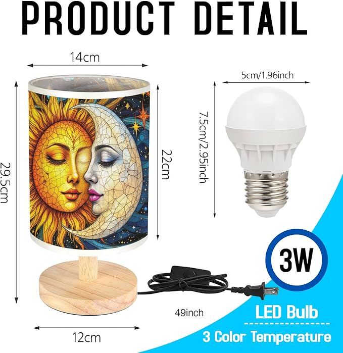 Sun and Moon Table Lamp LED 3-Color Pressed Bedside, Sun and Moon Shade Lamp with Wood Base for Bedroom Living Room Desk Office TL01