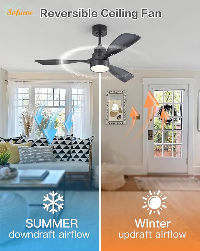 Sofucor 48 Inch Smart Ceiling Fans with Lights-Flush Mount & Downrod Mount Modern Outdoor Ceiling Fans with Alexa/Google Assistant/APP/Remote Control for Bedroom/Farmhouse/Patio, Black & Walnut