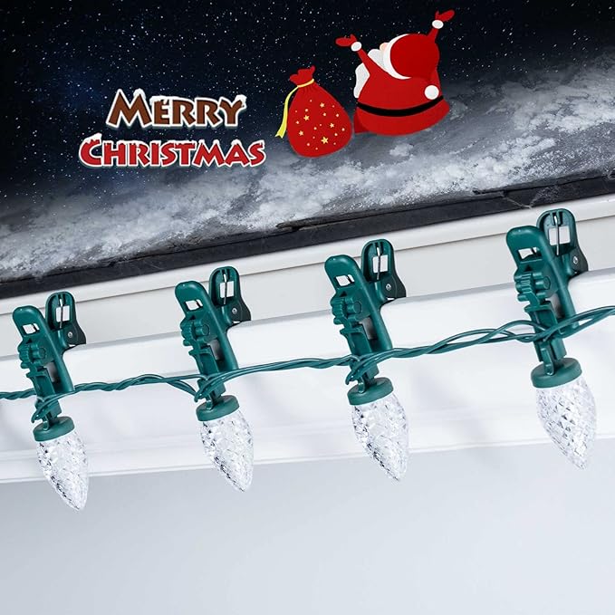 C9 LED Christmas Lights Outdoor, 68 Feet 100 LED C9 String Lights with 100 Spring Clips, Waterproof Connectable Christmas Tree Lights for Outside Roofline Patio Home Xmas Decor, Pure White