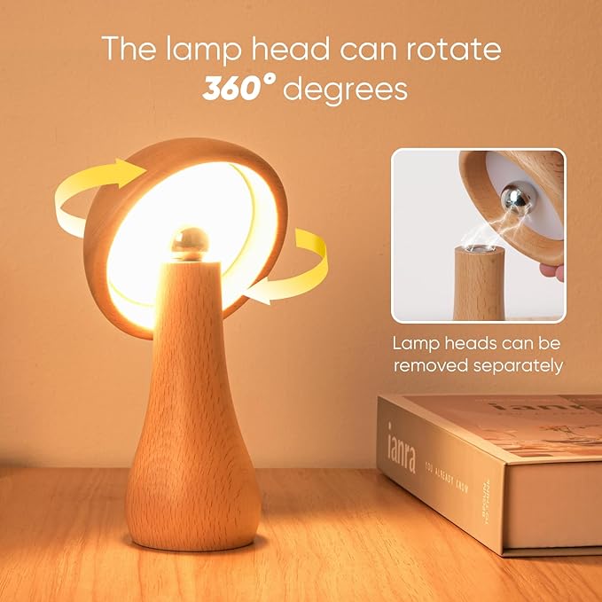 Wooden Mushroom Lamp, Portable Cordless Touch Switch Rechargeable Battery Operated Lamp,Stepless Dimming, 360 Degree Rotation Angle Adjustable，Night Light for Birthday Gifts