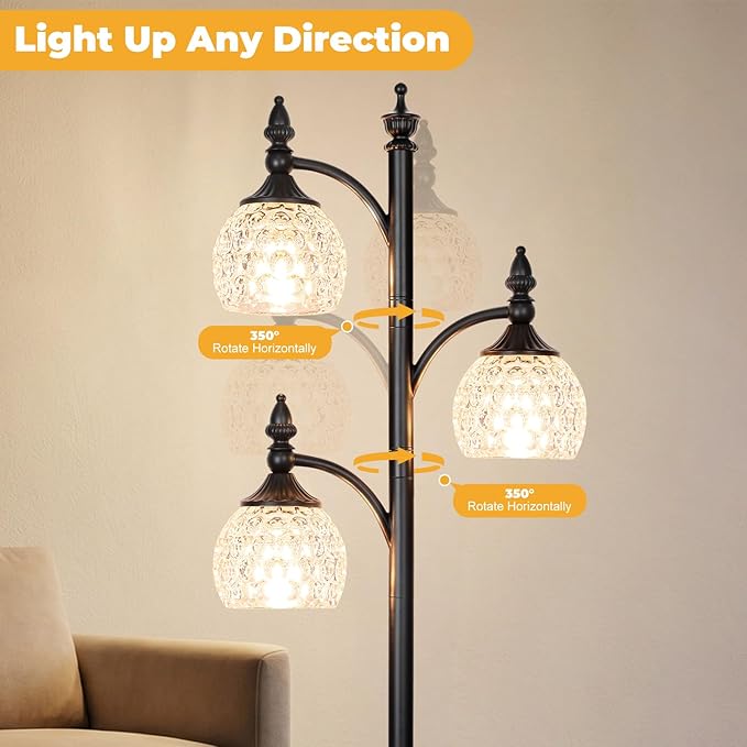 Glass Floor Lamp 66.5in Black Standing Lamps for Living Room with 3 Brightness Lights Vintage Retro Corner Lamp for Bedroom Office(3LED Bulbs Included)