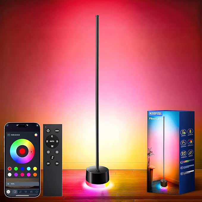 KSIPZE Led Floor Lamp, RGB+IC Corner Floor Lamps with Remote, Button, APP Control 16 Million Colors, 200+ Scenes, Music Sync, DIY Smart Led Corner Lamp for Bedroom