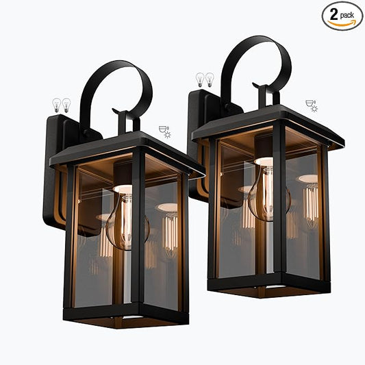 2 Pack Modern Outdoor Wall Light Sconce Dusk to Dawn Aluminium Porch Front Door Garage,2 Bulbs Included,3000K 5000K,Wall Mount Waterproof Outside Lantern,Lever Nuts Included,Easy Assembly,Black,2 Pack