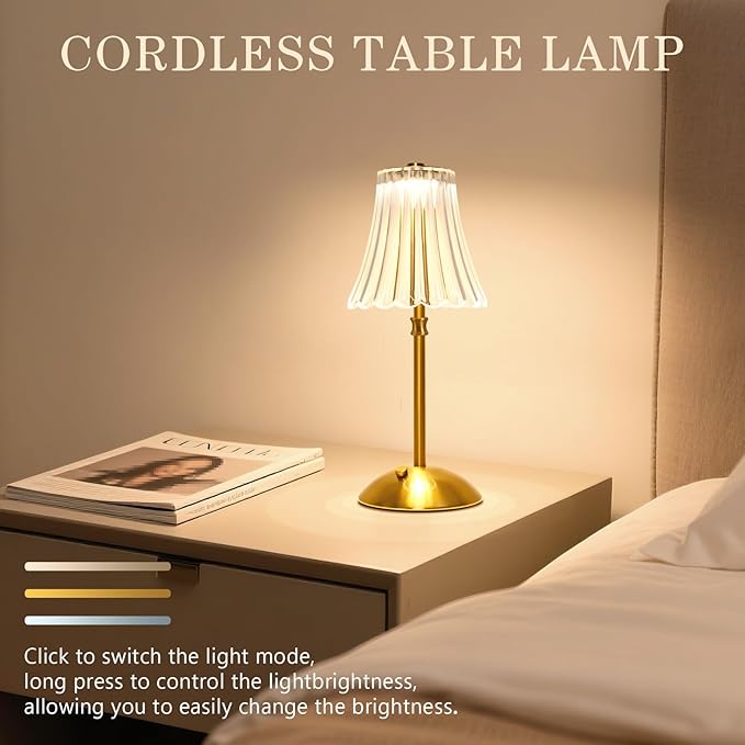 2 Pack Touch Cordless Table Lamp Rechargeable, 3600mAh Battery Operated Small Crystal Lamp, 3 Color Dimmable Vintage Gold Table Light for Bedroom/Kitchen/Gift for Home Décor (Art Decor)