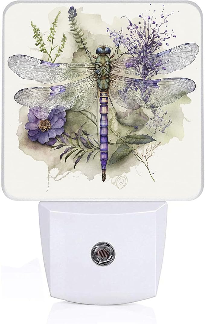Watercolor Dragonfly Night Light, Plug-in Night Lights with Dusk-to-Dawn Sensor for Bedroom,Bathroom and Living Room Sleep Friendly lamp 0.5w