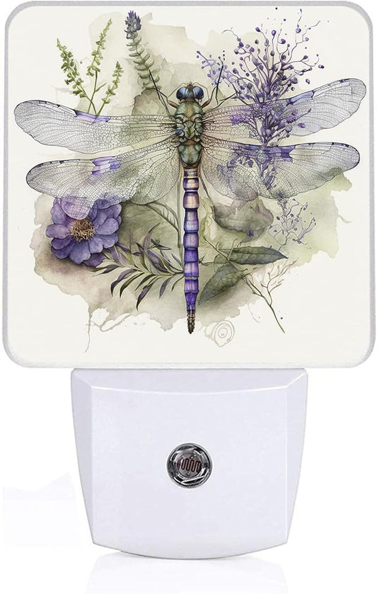 Watercolor Dragonfly Night Light, Plug-in Night Lights with Dusk-to-Dawn Sensor for Bedroom,Bathroom and Living Room Sleep Friendly lamp 0.5w
