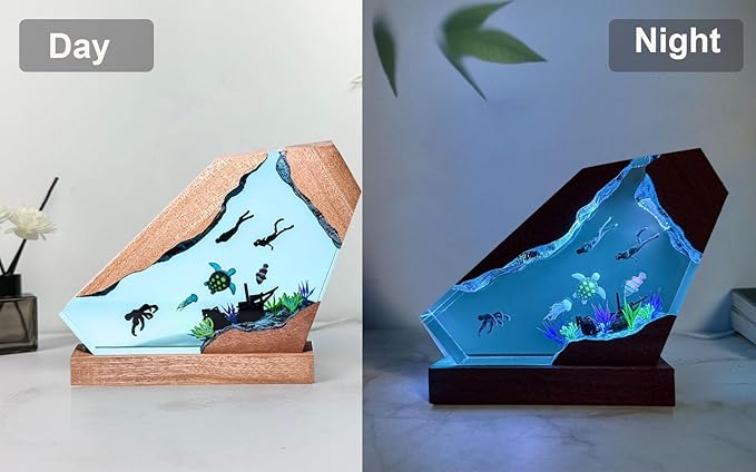 Octopus Ocean Resin Lamp, Handmade Wooden Table Resin Night Light, USB Port Art Ornaments for Home Office Decor, Scuba Diver Gifts for Birthday Holiday, Valentine's Day Gifts for Husband