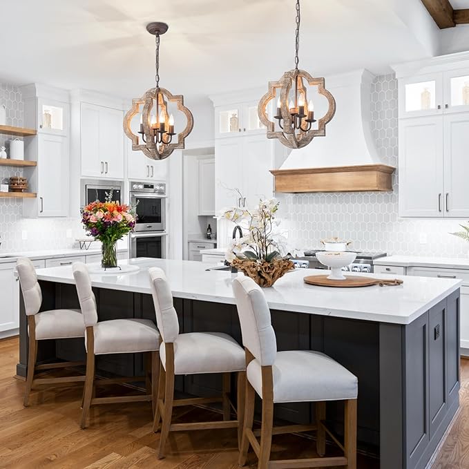 15.75" Oak Farmhouse Chandeliers for Dining Room Distressed Wood Pendant Light Fixture 4-Light Rustic Ceiling Hanging Light for Kitchen Island Bedroom Hallway Entryway Foyer E12*4