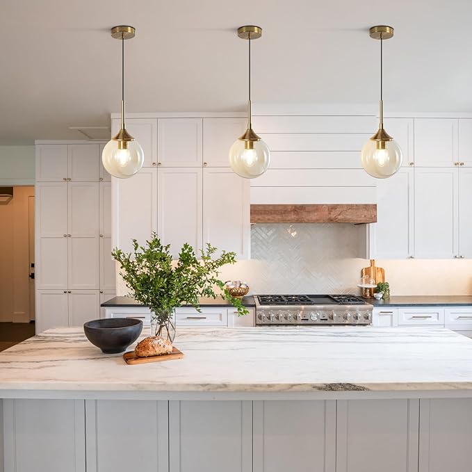 KCO Lighting Mid Century Modern Pendant Chandelier Amber Glass Hanging Lamp Gold Globe Pendant Lights Kitchen Island Brushed Brass Pendant Light Large Kitchen Pendant Lighting Over Island
