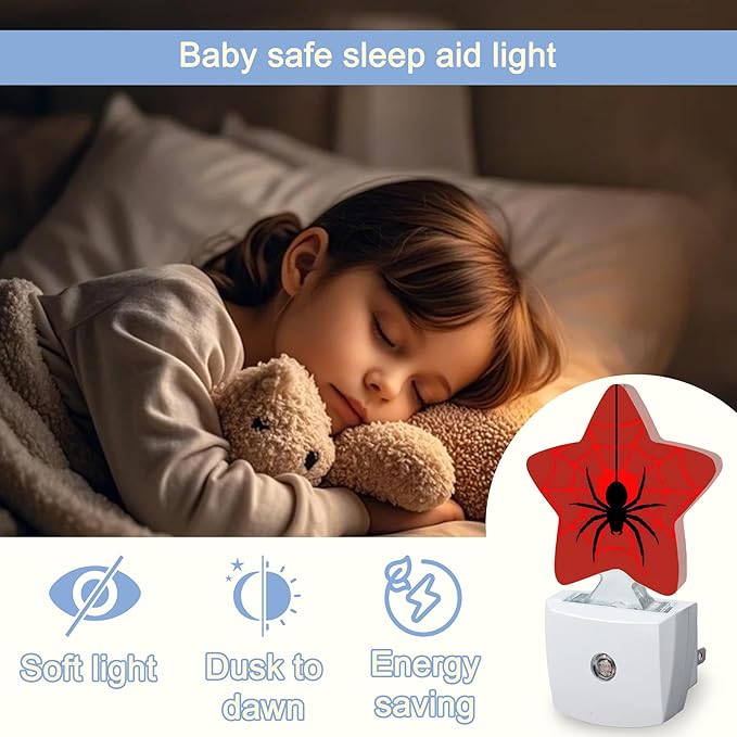 Halloween Spider Night Lights Plug Into Wall,Red Spider Web Star Night Light for Kids,Nightlight with Dusk to Dawn Smart Sensor for Bedroom Bathroom Decor,Children Women Men Gift