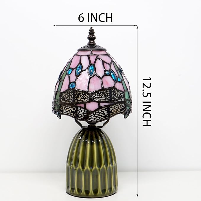 Stained Glass Mushroom Table Lamps 6X6X12.5 Inch Pink Dragonfly Style Small Night Light Ceramic Base Mini Accent Desk Light Suitable for Bedside Table Bedroom Children Room