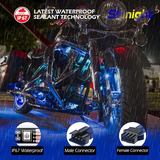 SHINIGHT 14 Pcs Motorcycle LED Light Kits, App Control Multicolor Waterproof Motorcycle LED Strip Lights with RF Remote, Music Sync & Multiple Scene Modes RGB LED Lights for Motorcycles