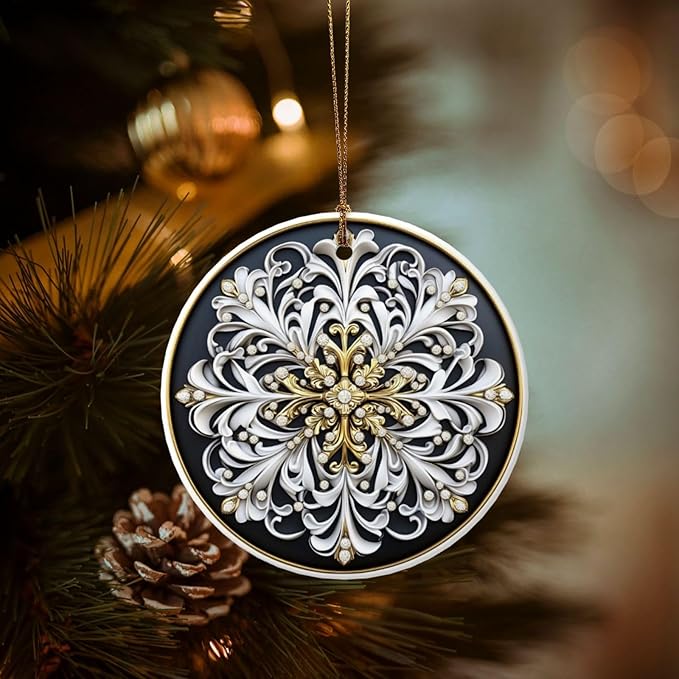 Tribal Bohemian Flowers Christmas Ornaments, Christmas Decorations Xmas Tree Hanging Ornaments, Round Ceramic Festive Keepsake Gift for Xmas Decorations Holiday Home Decor
