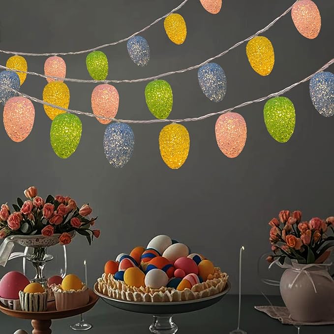 Easter Egg String Lights Battery Powered 6.8Ft Easter Lights String 10 LED Egg Shaped Light with Timer, Outdoor Pastel Light for Indoor Home Party Spring Themed Bedroom Fireplace Decor