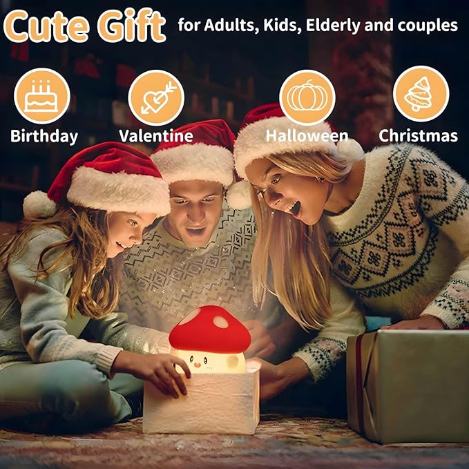 Mushroom Night Light Squishy Lamp, 50Hrs Battery Kids Nightlight, Tap Control, 30Min Auto-Off, Rechargeable Kawaii Bedside Lamp for Girls Room Decor, [Easter Gifts]