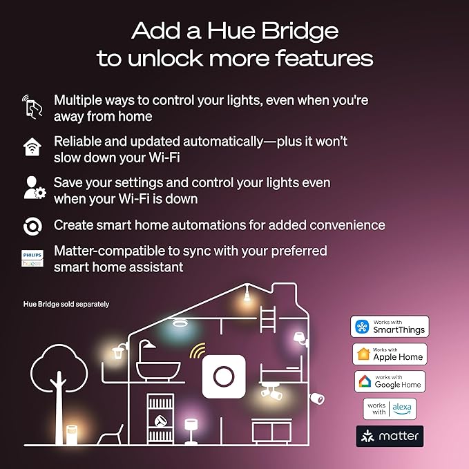 Philips Hue Smart LED A19 Bulb, 1 Pack, White & Color Ambiance, E26 Base, 7.2W, Full Spectrum Light 1000K-20000K, 810 Lumens, Dimmable LED Bulbs, Works with Alexa, Google,& Apple Home