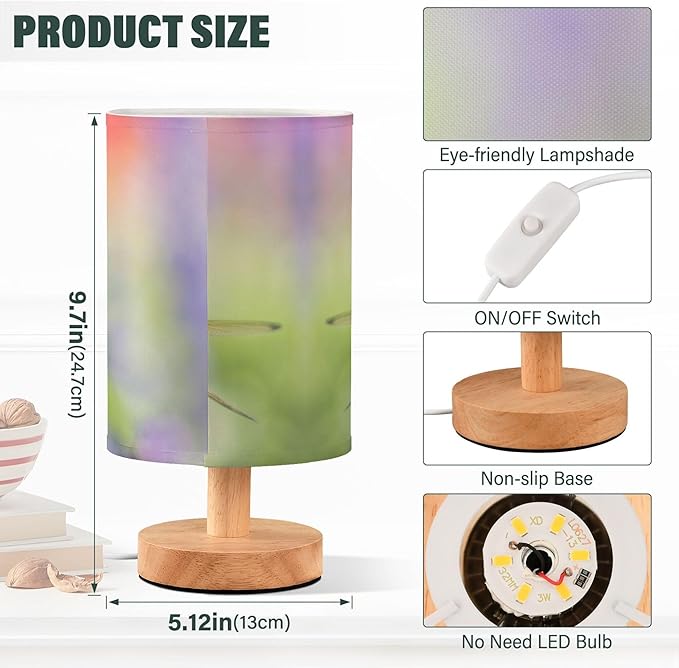 Table Lamp Dragonfly Lavender Purple Flower Nightstand Lamp with Wood Base Fabric Lamp Shade Bedside Desk Lamp for Living Room Bedroom Kids Room Office