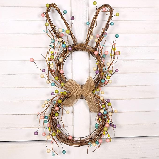 idyllic Easter Bunny Spring Wreath Blossom Rabbit Garland with Pastel Berries Artificial Floral Wreaths for Front Door Decor