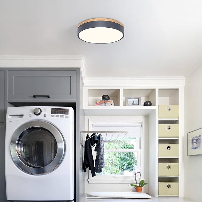 Modern Dimmable LED Close to Ceiling Light Minimalist Wood Oak Flush Mount Ceiling Light Fixture with Lampshade for Bedroom Living Room Bathroom Laundry Room (Grey-Dimmable, 11.8''/30cm)