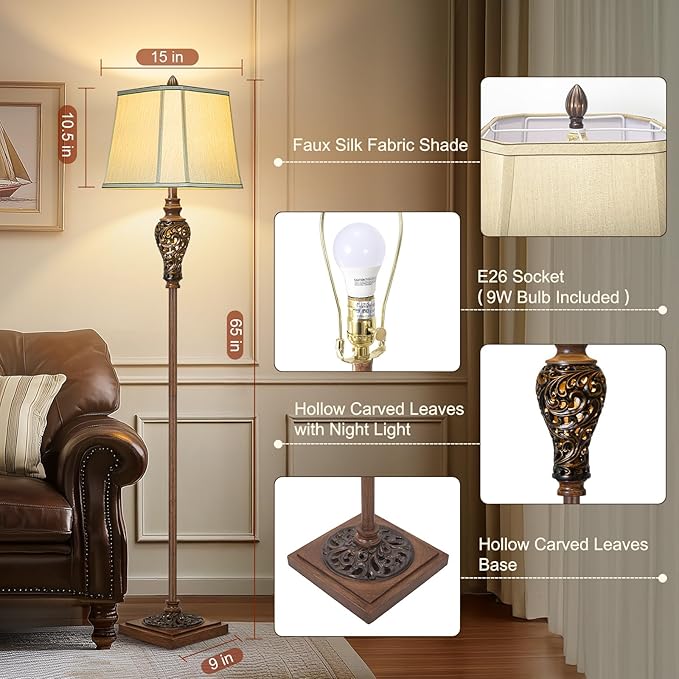 Vintage Floor Lamp with Nightlight, 65" Rustic Standing Lamp with Beige Faux Silk Shade, Farmhouse Style Design Tall Lamp Decor for Living Room Bedroom Study Home Office Corner- Bronze (Bulb Included)