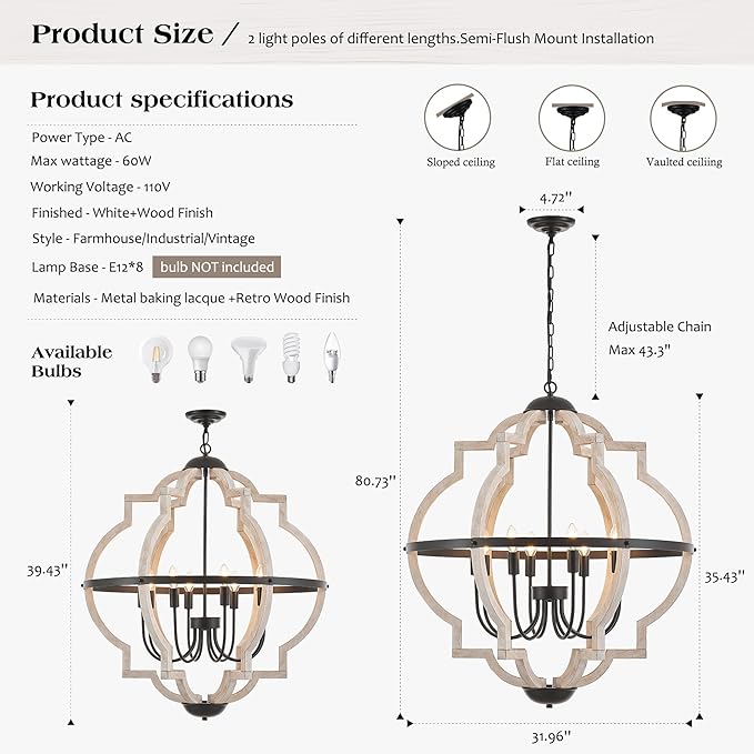 8-Light Wood Pendant Light,31.96'' Vintage Rustic White Wood Chandeliers,Retro Industrial Hanging Light Fixtures for Dining Room Entryway, Bedroom