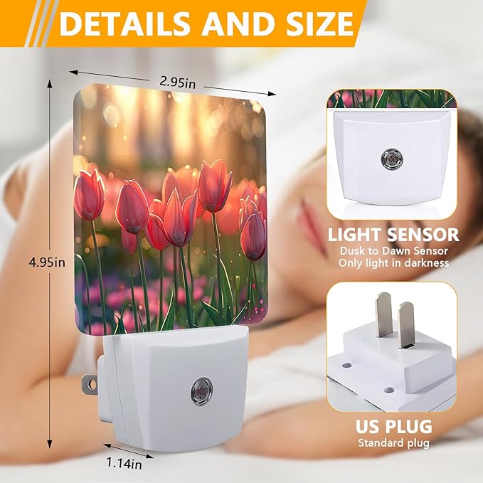Tulip Flowers Night Light, Plug-into Pink Floral Nightlight White LED Lamp, Energy Efficient Decor Desk Lamp for Bedroom Hallway Stairs Bathroom