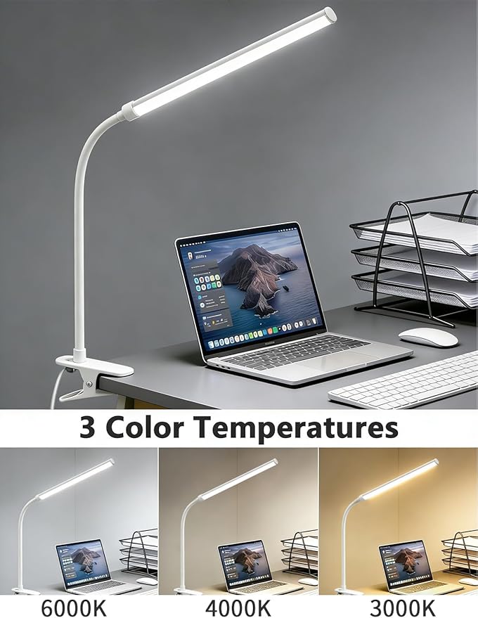 White 2 Pack LED Clip On Desk Lamp,Dimmable Clip On Reading Light with Flexible Neck,Curved Monitor Light Bar for Computer,Eye-Protection Bedside Lamp for Office Home Study Desk Accessories