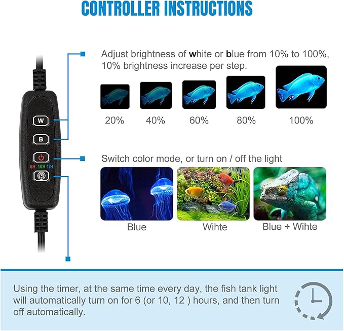 iKefe 15" White & Blue Submersible LED Aquarium Fish Tank Light with Timer/Dimmable Underwater Fish Tank Aquarium LED Lights Fixture for Saltwater Freshwater Fish, Plant Grow, Coral Reef Decorations