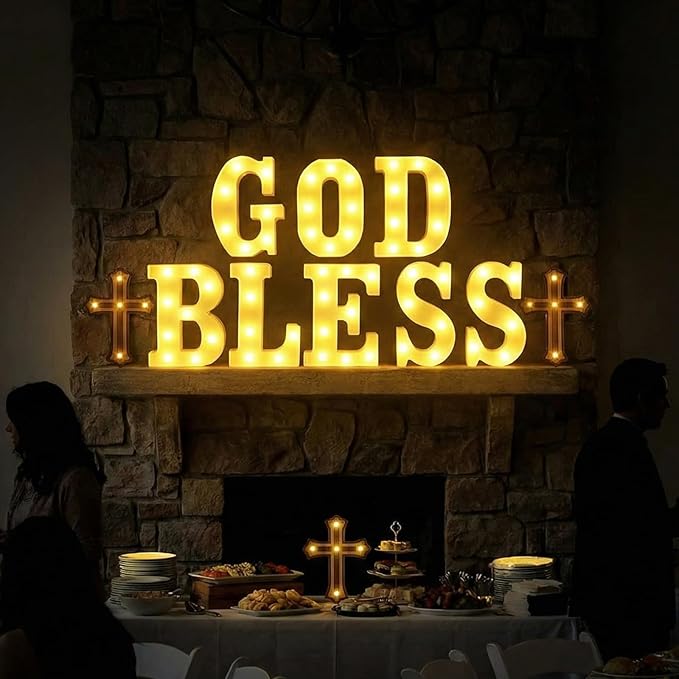 8 Pcs God Bless LED Letter Lights Sign God Bless Baptism Decorations Battery Powered Primera Comunion First Holy Communion Decorations for Baptism Party