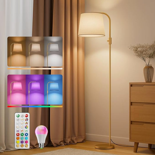 VARICART 65" Dimmable Arc Floor Lamp – RGBCW Color Changing, 1200 Lumens, Linen Shade, Remote Control, Gold