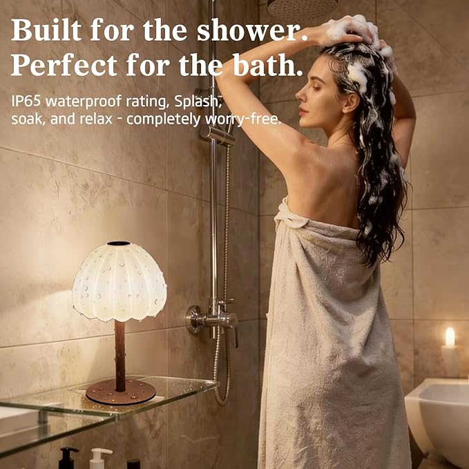 Cordless Waterproof Shower Lamp, IP65 Rechargeable Touch Dimmable Light for Inside Shower, 4500mAh Battery Operated Color Changing Water Proof Table Lamp for Bathroom, Bedroom (Brown)