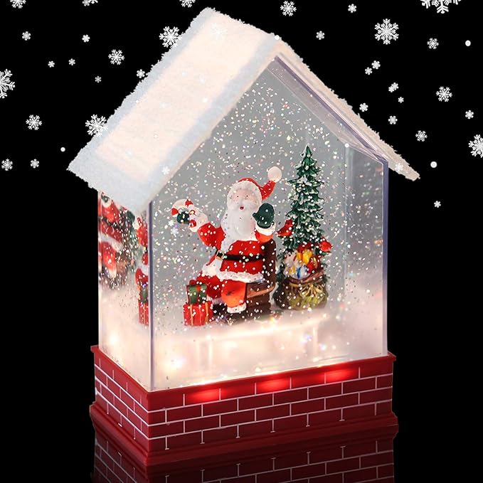 Eldnacele Musical Snow Globe House with Timer, Lighted USB/Battery Operated Swirling Singing Water Glittering Lantern, Christmas Snow Globes House Holiday Festival Decoration- Santa Claus